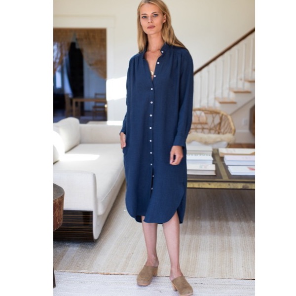 Boho Button Front Yoked Shoulder Button Front Navy Shirt Dress Small